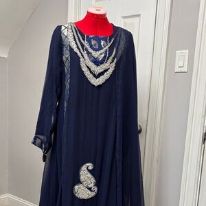 Elegant Navy Blue Dress with Silver Embellishments